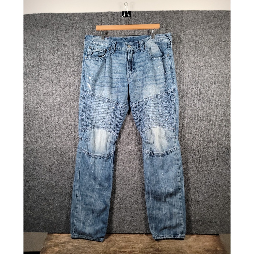 True Religion Moto Slim Big T Jeans Mens 38x32 Blue Biker Distressed Y2K Stretch